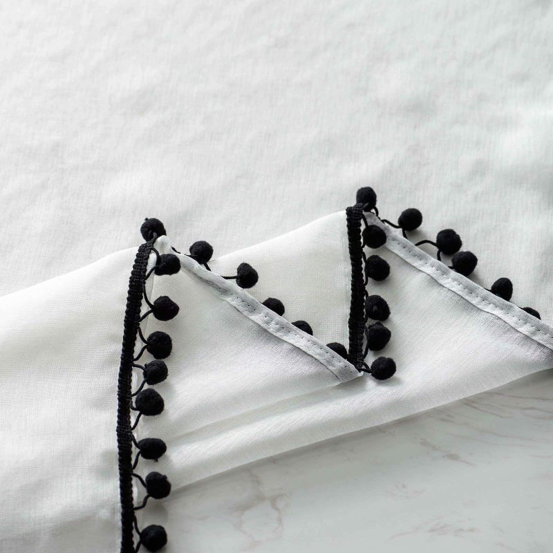 MISS SELECTEX Linen Look Pom Pom Tasseled Sheer Curtains - Rod Pocket Voile Semi-Sheer Curtains for Living and Bedroom, Set of 2 Curtain Panels (52 x 95 inch, White Sheer & Black Pom Poms) - Image 2